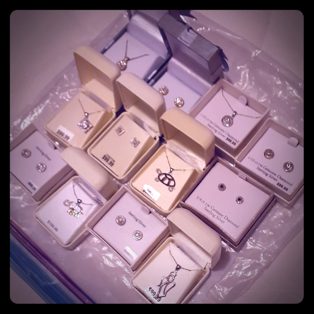 Sterling Silver Diamond Studs & Necklaces Lot Set